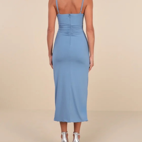 Lulus Mesmerizing Reputation Slate Blue Twist-front Bodycon Midi Dress - Size L - Picture 3 of 6